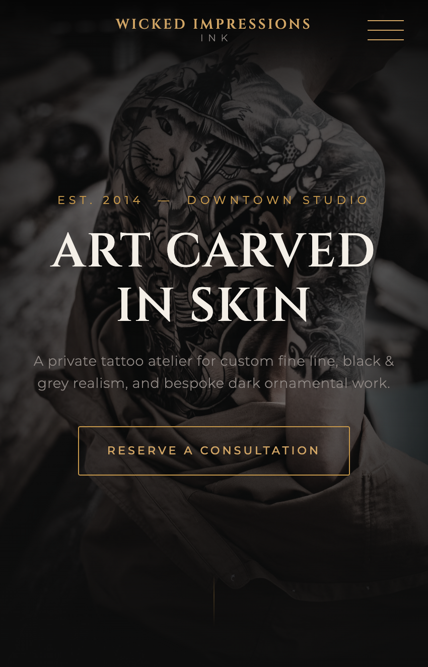 Wicked Tattoo website mobile view